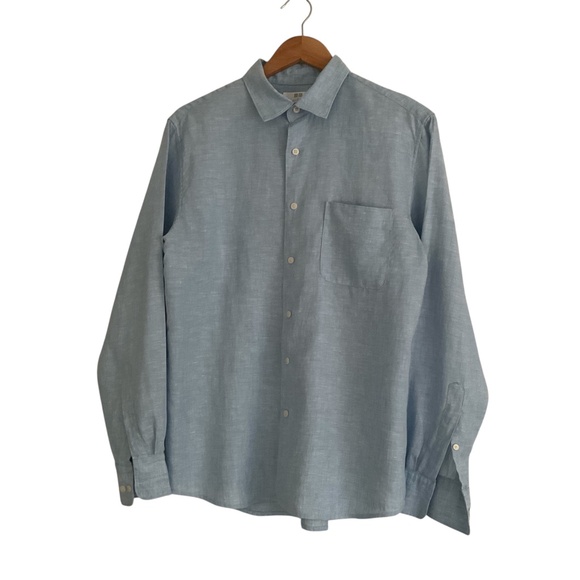 Uniqlo Tops - Uniqlo Women’s 100% Linen Button Up Shirt Sz M Blue Pocket Minimalist Preppy